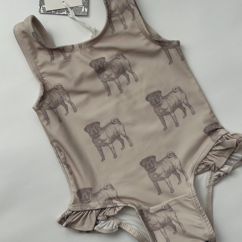 NWT Kate Quinn Pug Ruffle Swimsuit Baby Girl UPF 50+ 0-3M 3-6M